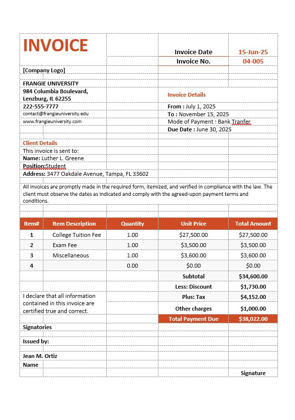 College Tuition Invoice Template PSD template